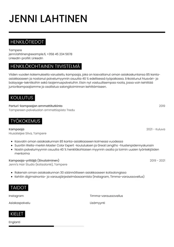 Kampaaja CV-pohja — Tyyli 11