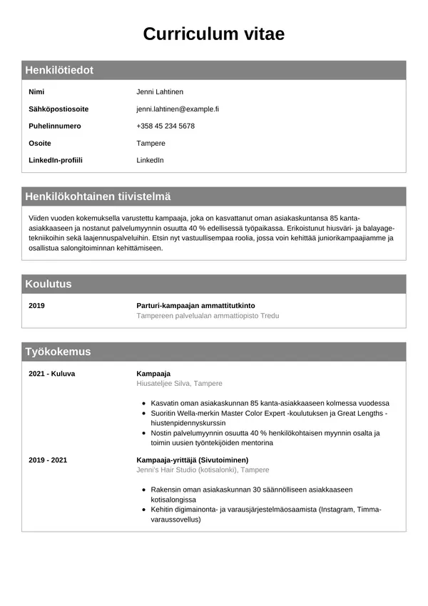 Kampaaja CV-pohja — Tyyli 7