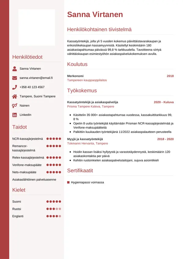 Kassatyontekija CV-pohja — Tyyli 10