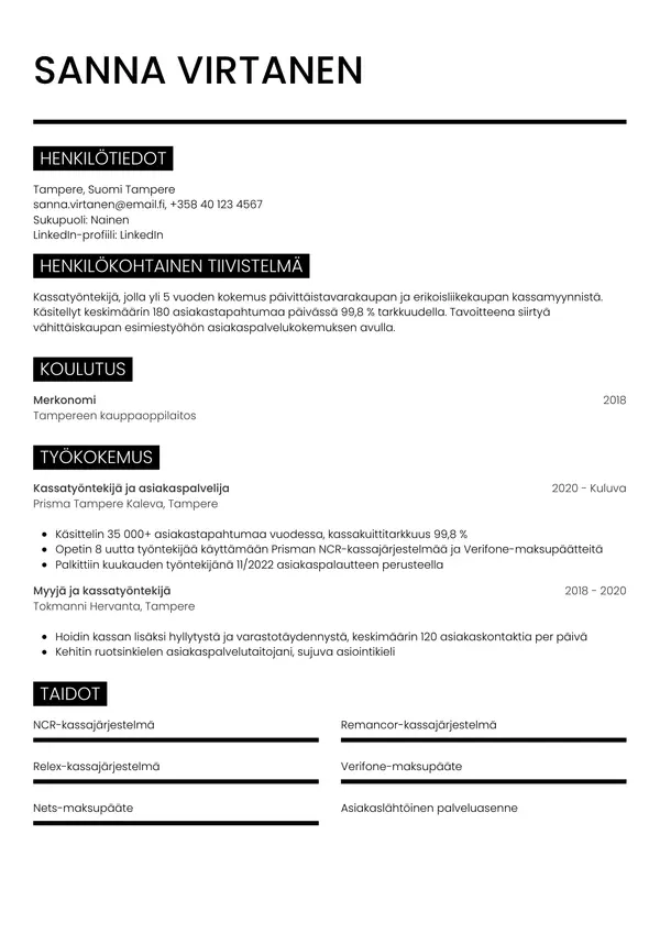 Kassatyontekija CV-pohja — Tyyli 11
