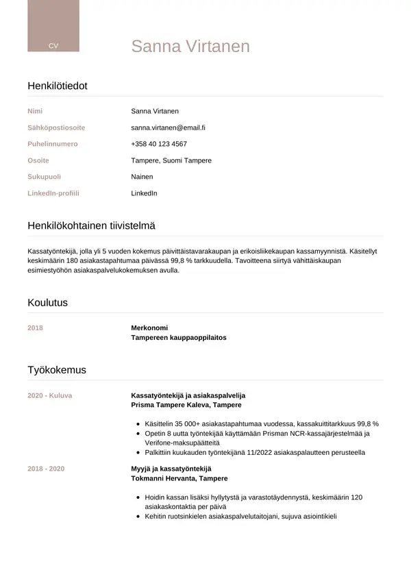 Kassatyontekija CV-pohja — Tyyli 6