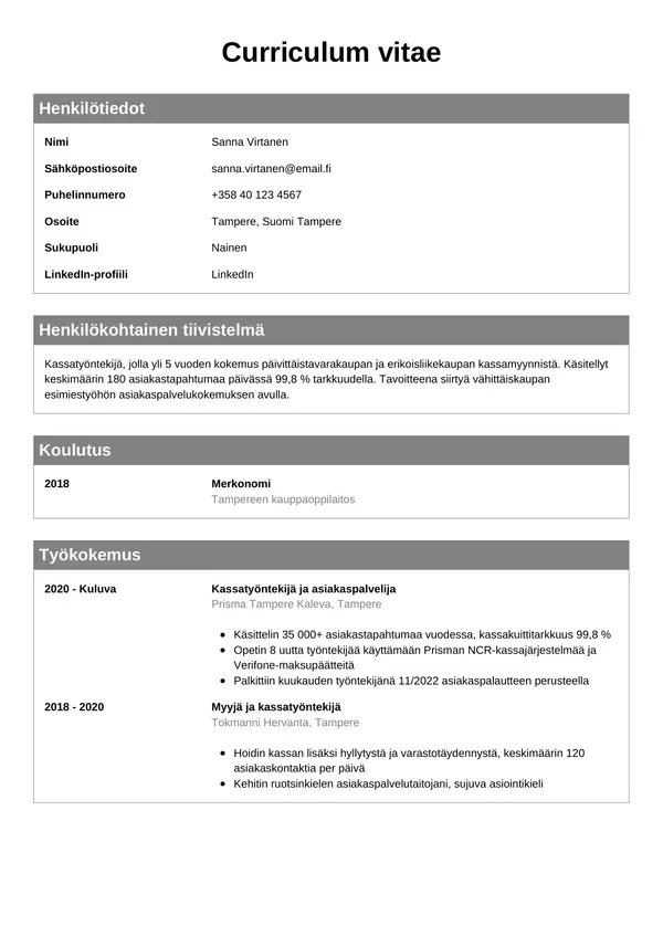 Kassatyontekija CV-pohja — Tyyli 7