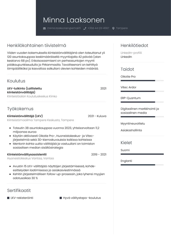 Kiinteistonvalittaja CV-pohja — Tyyli 1