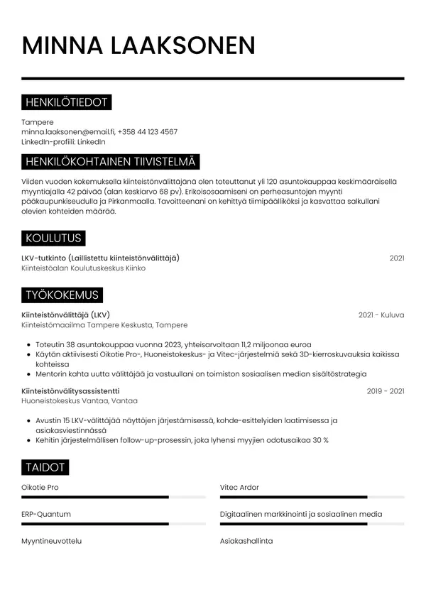 Kiinteistonvalittaja CV-pohja — Tyyli 11