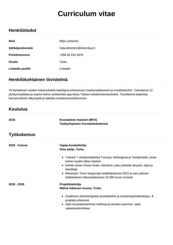Kuvataiteilija CV-pohja — Tyyli 12