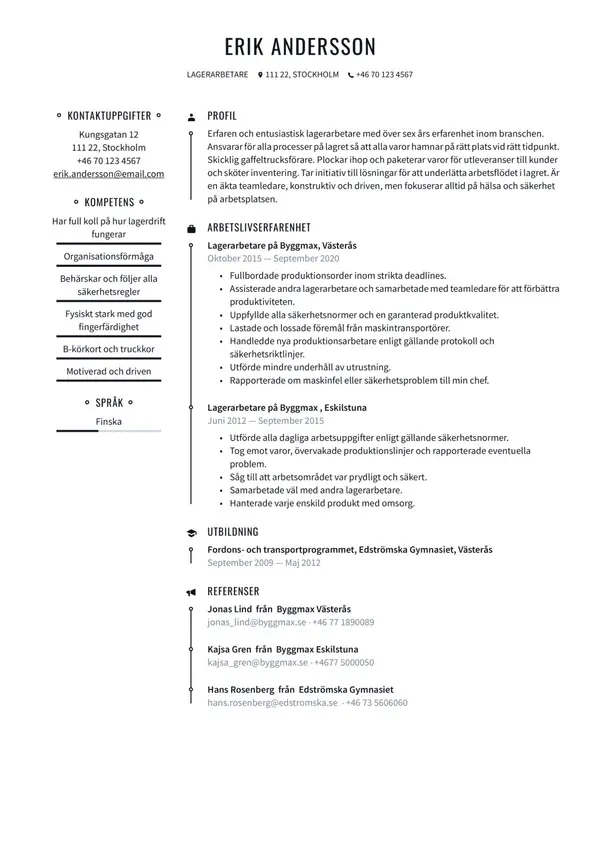 Lagerarbetare CV-pohja — Tyyli 1