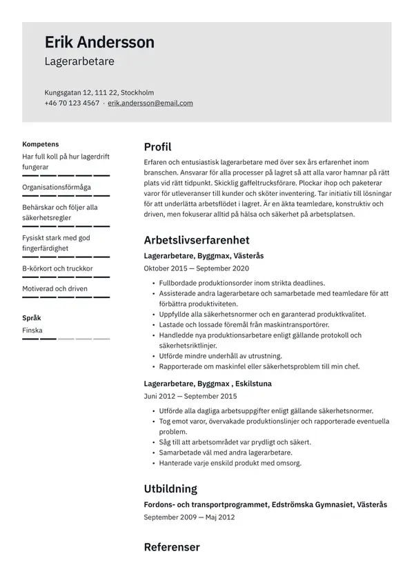 Lagerarbetare CV-pohja — Tyyli 2