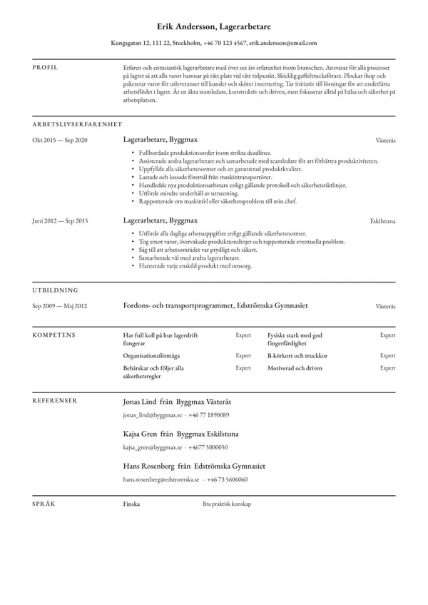 Lagerarbetare CV-pohja — Tyyli 3