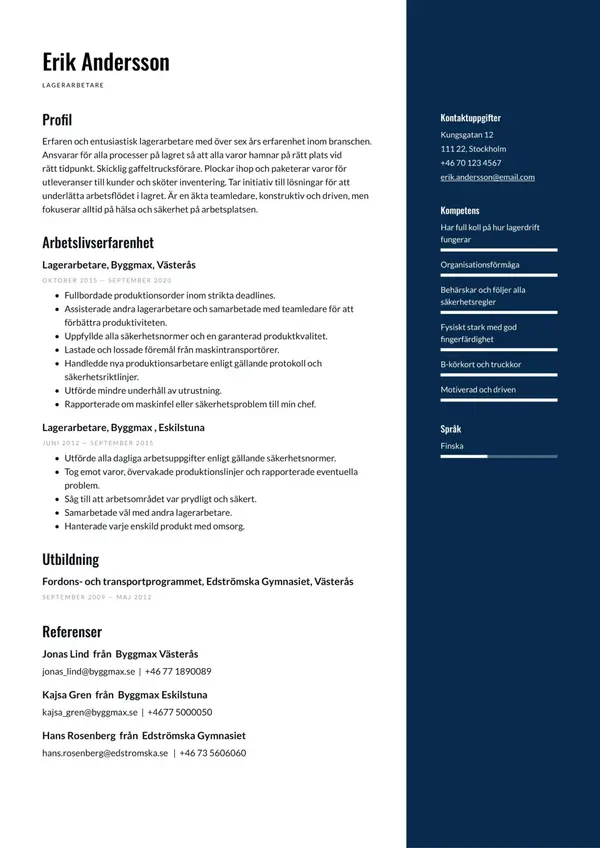 Lagerarbetare CV-pohja — Tyyli 4