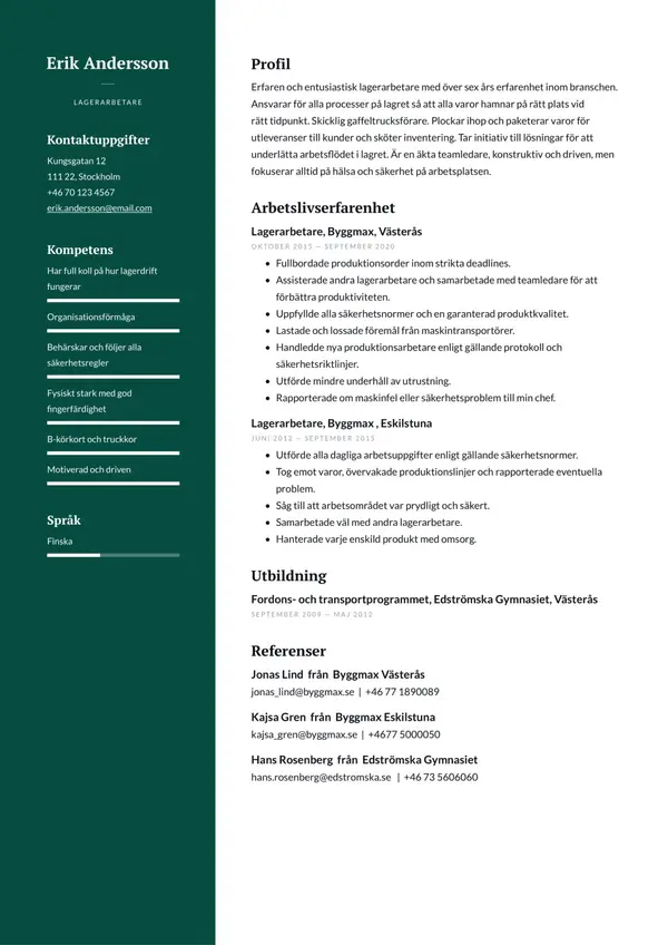 Lagerarbetare CV-pohja — Tyyli 5