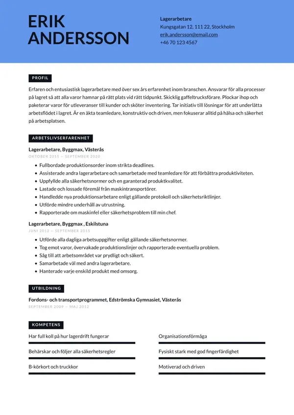 Lagerarbetare CV-pohja — Tyyli 6
