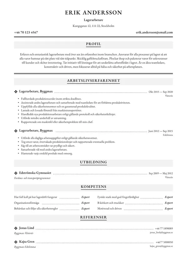 Lagerarbetare CV-pohja — Tyyli 8