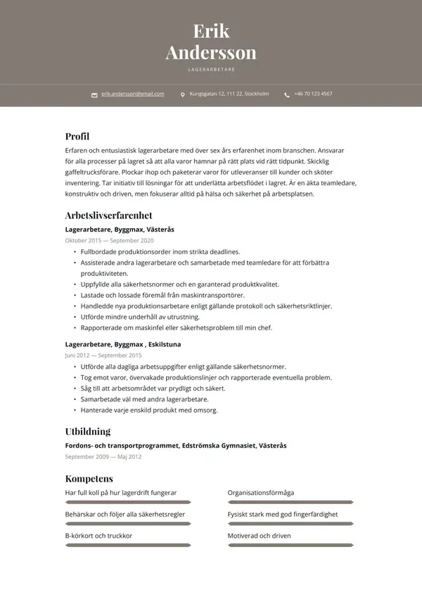 Lagerarbetare CV-pohja — Tyyli 9