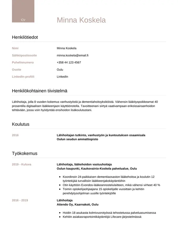 Lahihoitaja CV-pohja — Tyyli 6