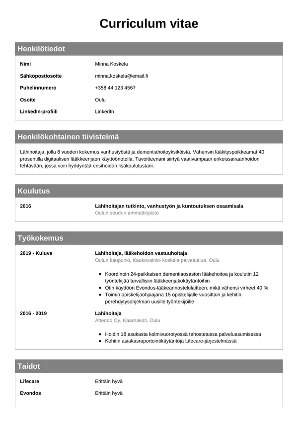 Lahihoitaja CV-pohja — Tyyli 7