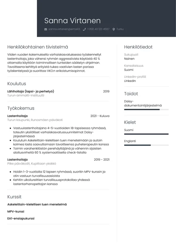 Lastenhoitaja CV-pohja — Tyyli 1