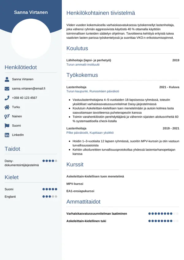 Lastenhoitaja CV-pohja — Tyyli 4