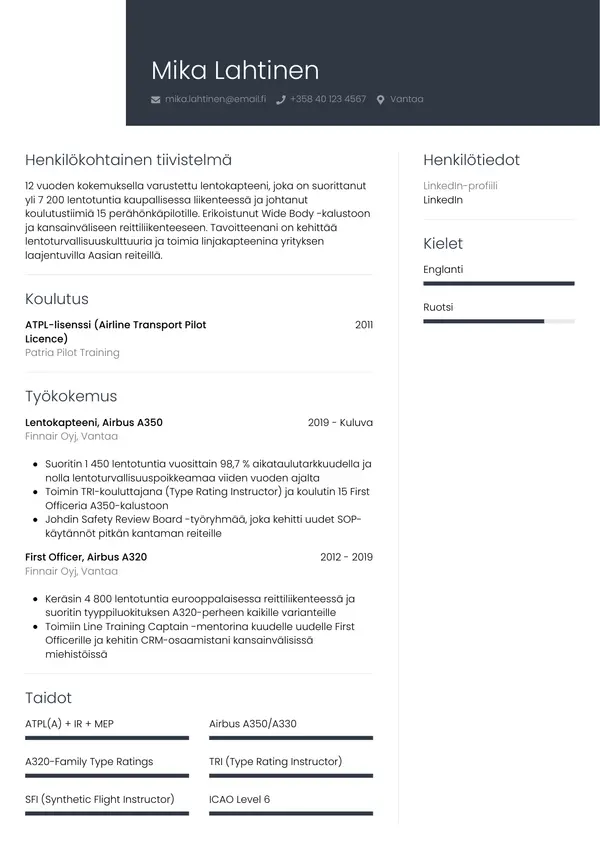 Lentokapteeni CV-pohja — Tyyli 1