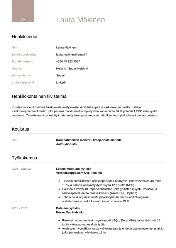 Liiketoiminta Analyytikko CV-pohja — Tyyli 6