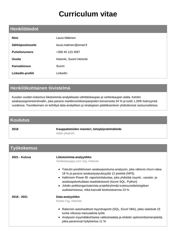 Liiketoiminta Analyytikko CV-pohja — Tyyli 7