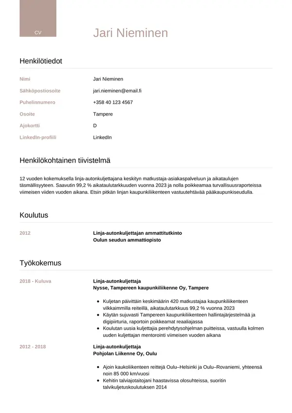Linja Autonkuljettaja CV-pohja — Tyyli 6