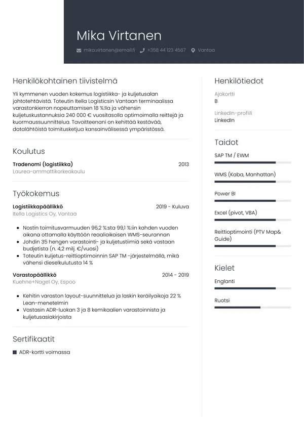 Logistiikkapaallikko CV-pohja — Tyyli 1