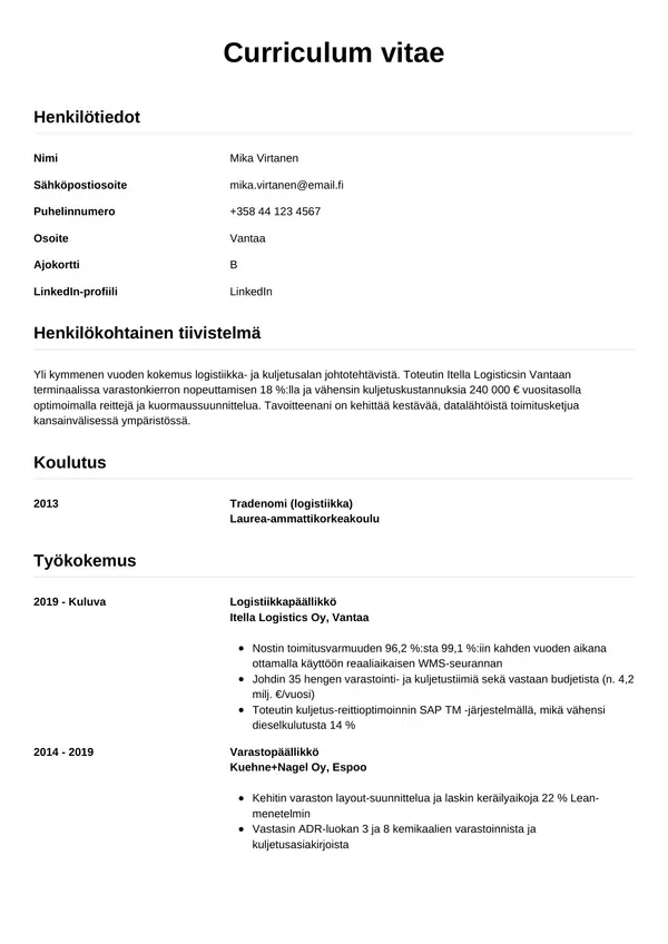 Logistiikkapaallikko CV-pohja — Tyyli 12