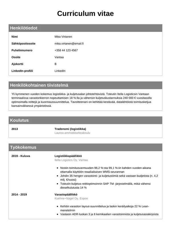 Logistiikkapaallikko CV-pohja — Tyyli 7