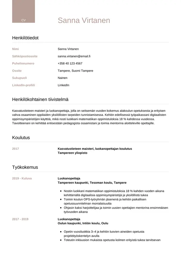 Luokanopettaja CV-pohja — Tyyli 6
