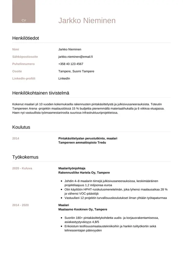Maalari CV-pohja — Tyyli 6