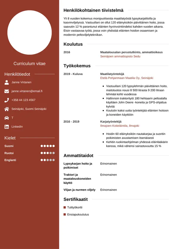 Maatilatyontekija CV-pohja — Tyyli 5