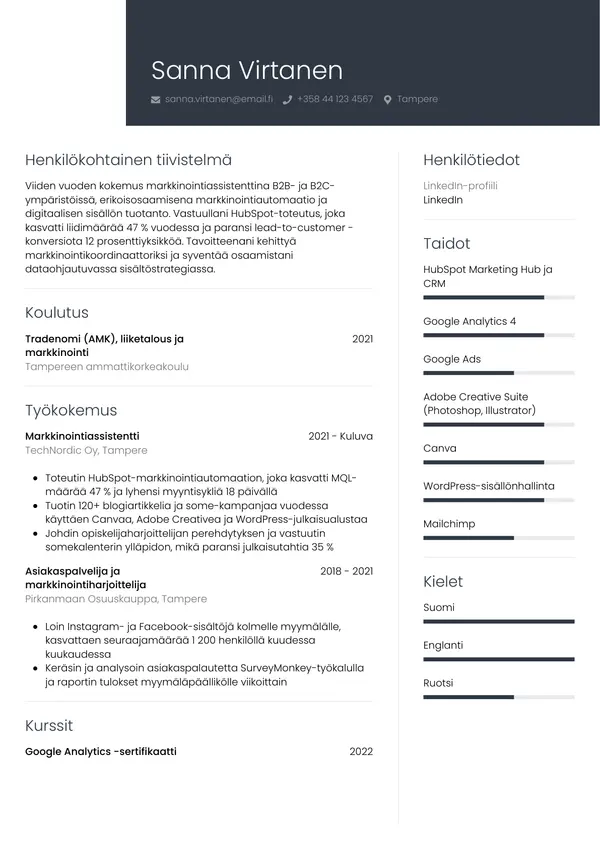Markkinointiassistentti CV-pohja — Tyyli 1