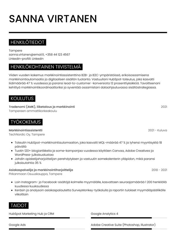Markkinointiassistentti CV-pohja — Tyyli 11