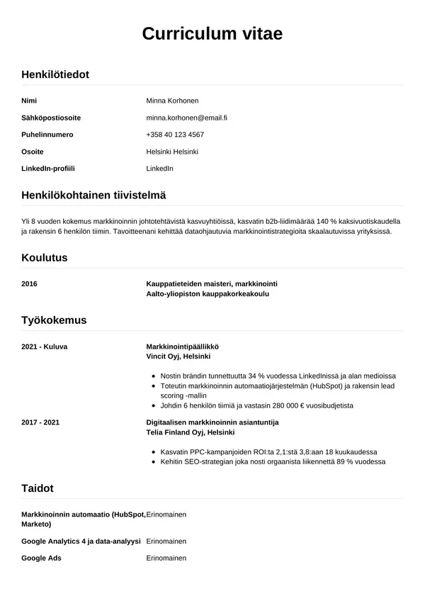 Markkinointipaallikko CV-pohja — Tyyli 12