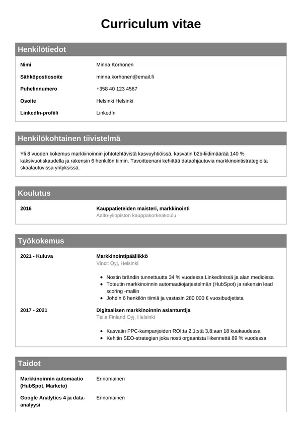 Markkinointipaallikko CV-pohja — Tyyli 7