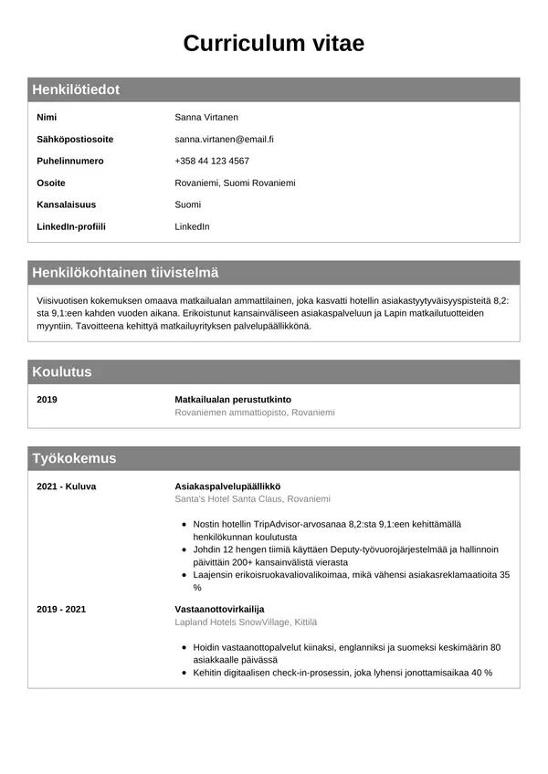 Matkailualan Tyontekija CV-pohja — Tyyli 7
