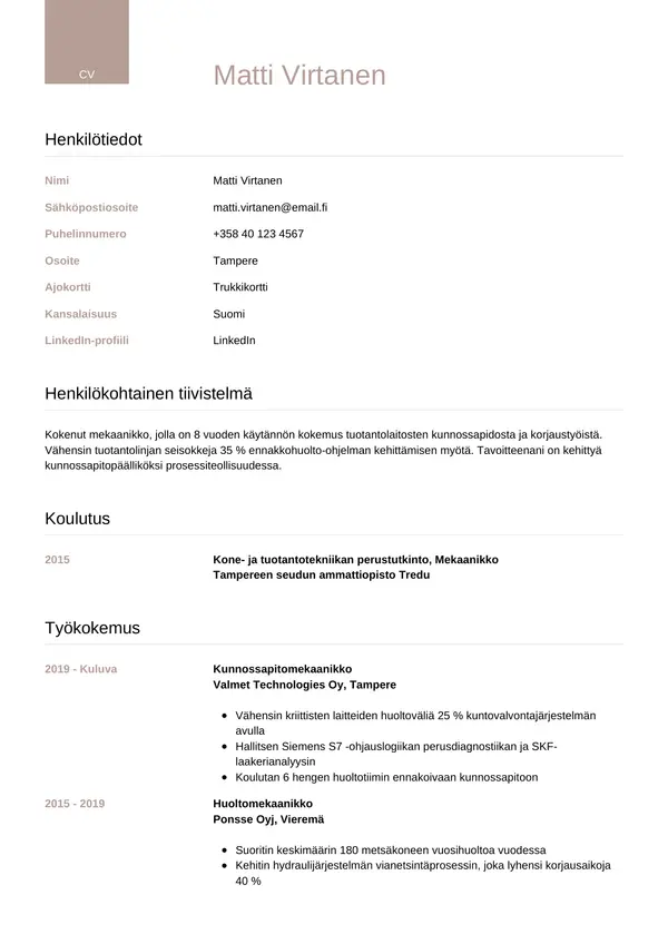 Mekaanikko CV-pohja — Tyyli 6