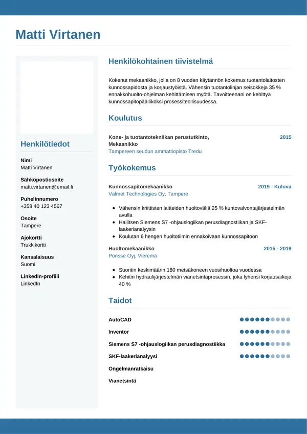 Mekaanikko CV-pohja — Tyyli 9
