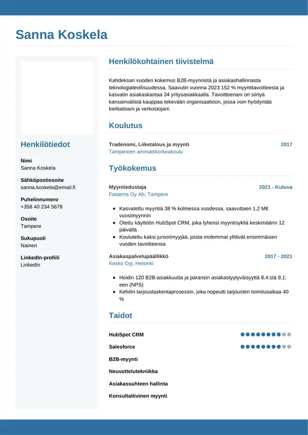 Myyntiedustaja CV-pohja — Tyyli 9