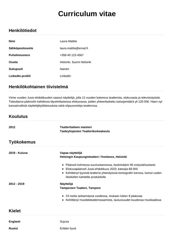 Nayttelija CV-pohja — Tyyli 12