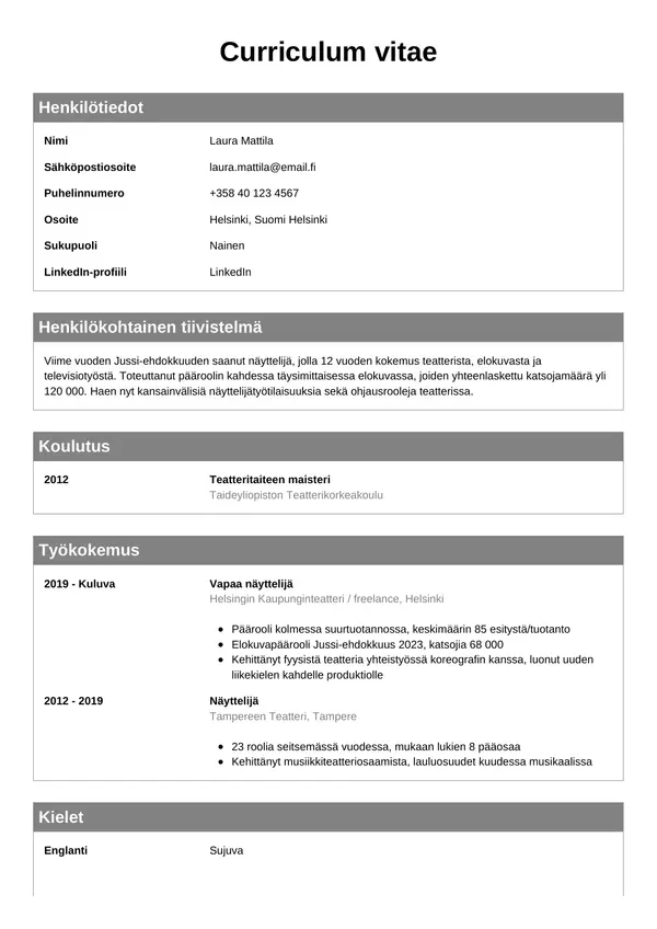Nayttelija CV-pohja — Tyyli 7