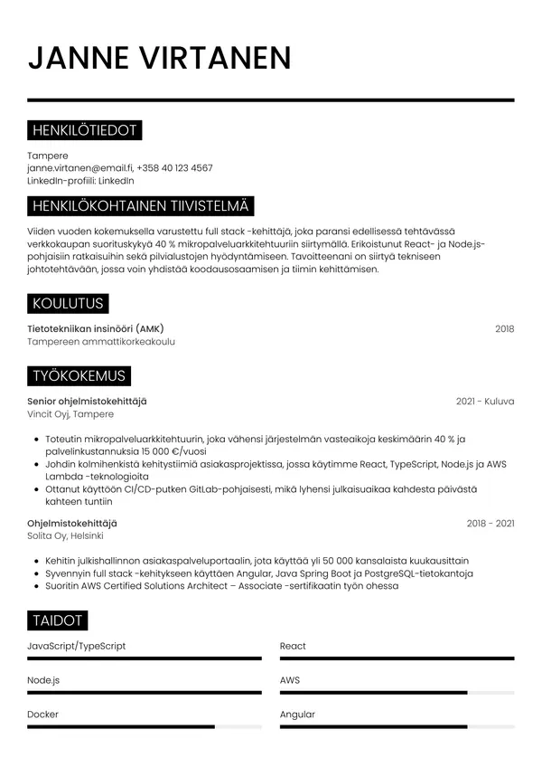 Ohjelmistokehittaja CV-pohja — Tyyli 11