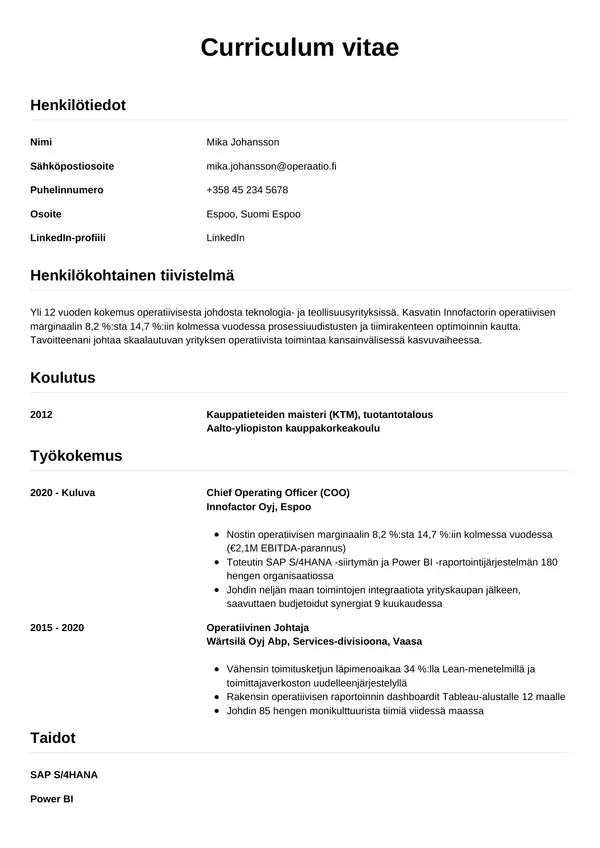 Operatiivinen Johtaja CV-pohja — Tyyli 12
