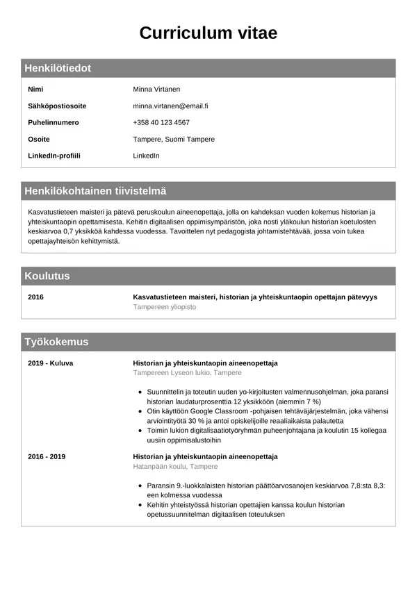 Opettaja CV-pohja — Tyyli 7