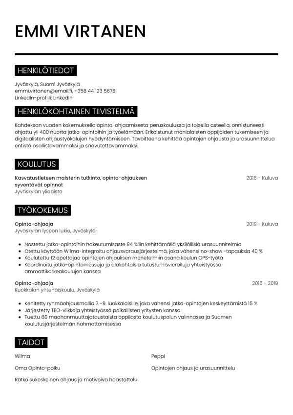 Opinto Ohjaaja CV-pohja — Tyyli 11