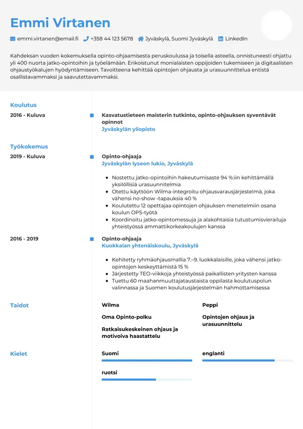 Opinto Ohjaaja CV-pohja — Tyyli 2