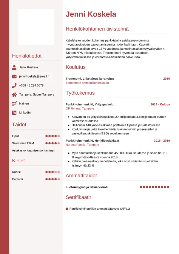 Pankkitoimihenkilo CV-pohja — Tyyli 10