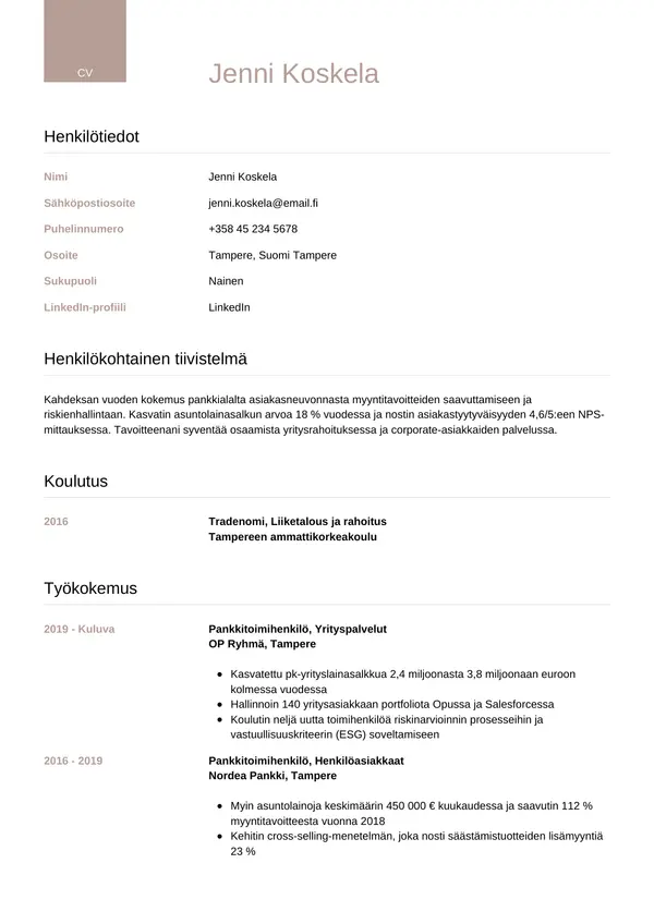 Pankkitoimihenkilo CV-pohja — Tyyli 6