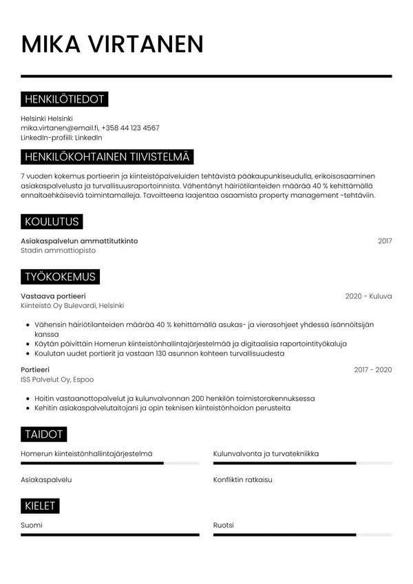 Portieerin CV-pohja — Tyyli 11