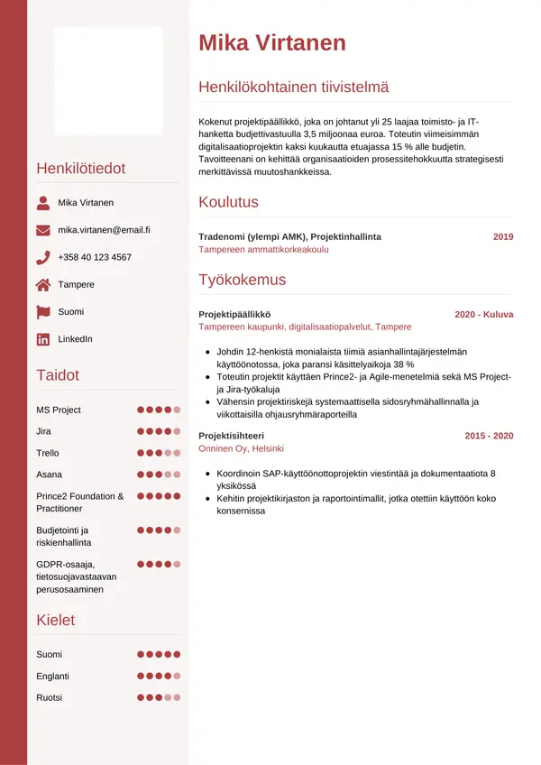 Projektipaallikko CV-pohja — Tyyli 10
